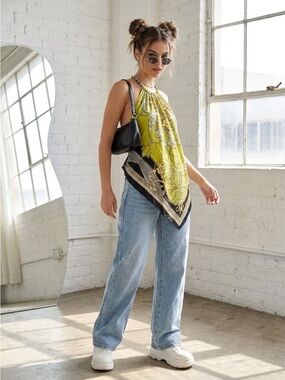Vintage Y2K Cache Chartreuse Baroque Print Silk Scarf Halter Top - Medium